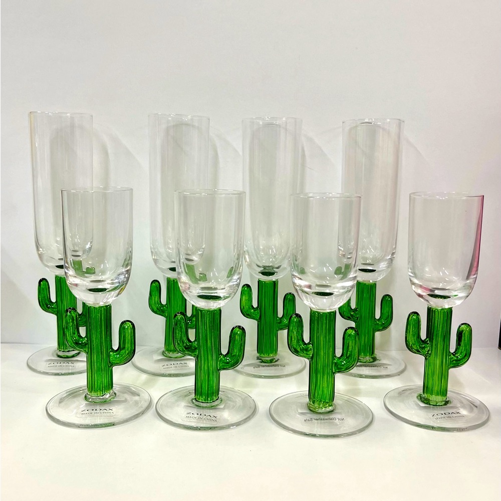 Cactus Cabo Zodax Champagne & Shot Glasses Green With Box Set of 8 Pieces NEW